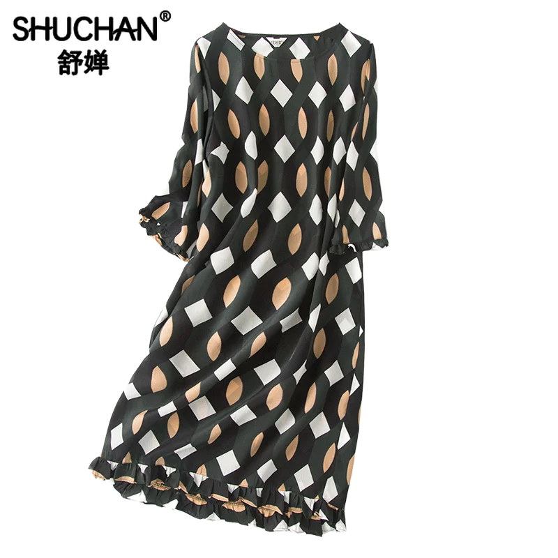 

Shuchan Geometric Print Dress Cute Japanese Dresses with 3/4 Sleeve Knee-Length O-Neck Natural Silk High Quality 2019 A1047