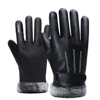 

Full Finger Gloves Men Faux Leather Thick Fluffy Touch Screen Windproof Adjustable Warm Motorcycle Gloves Car Styling
