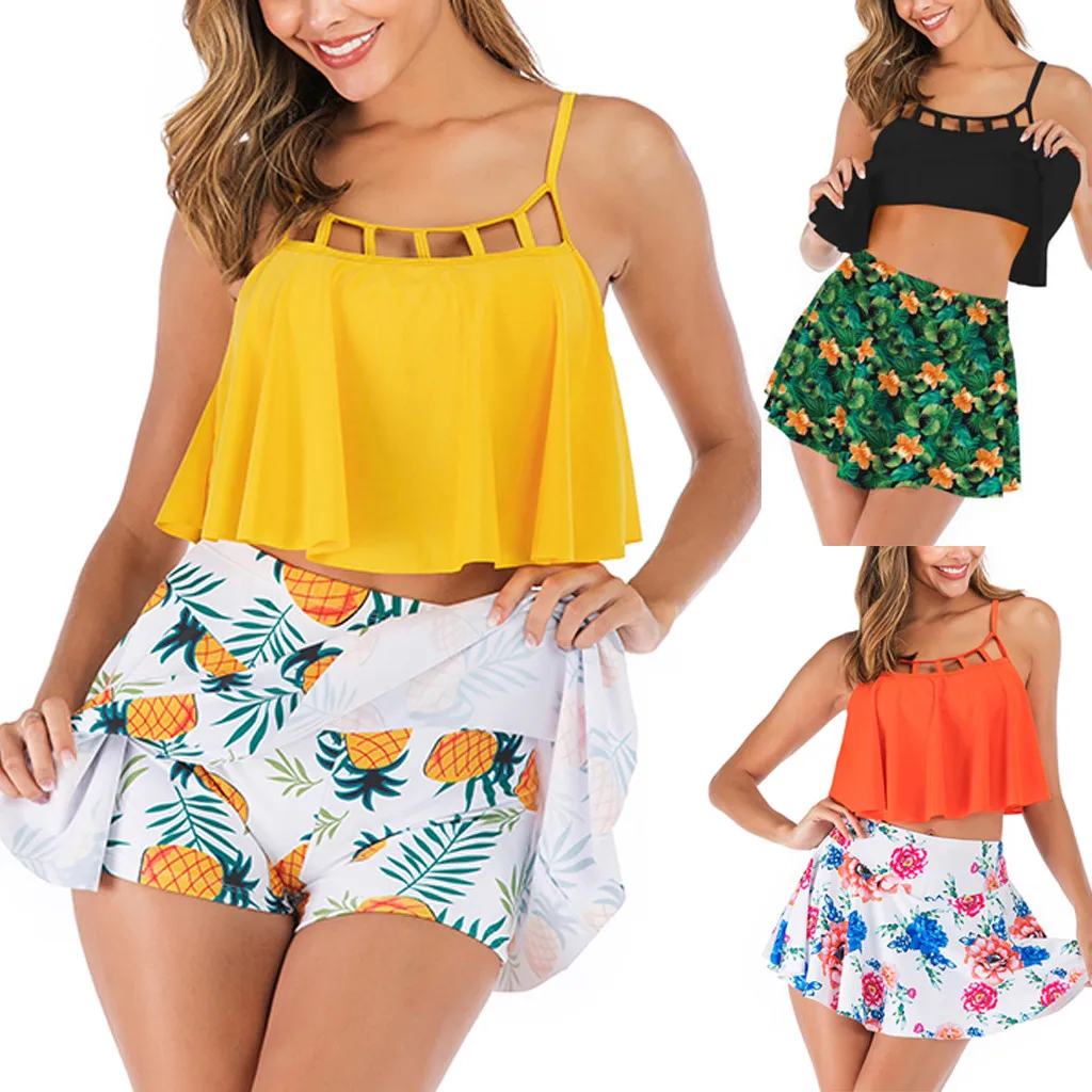

New Outdoor Fashion Women Tankini Set With Pantskirt Bikini Set Swimwear Push-Up Padded Bra Panskirt 30 Drop shipping