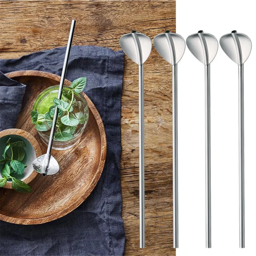 New TENSKE 6 Pcs Stainless Steel Metal Drinking Straw Reusable Straws Cocktail Spoons Set Bar