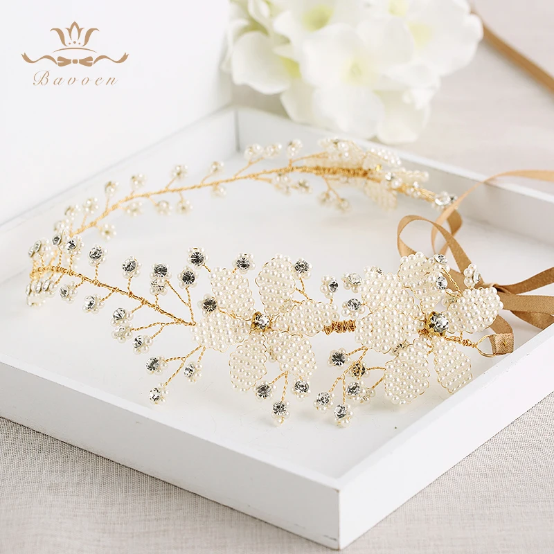 Bavoen Wedding Handmade Silver Hairbands Brides Korean Soft Pearls font b Tiara b font Headwear Crystal
