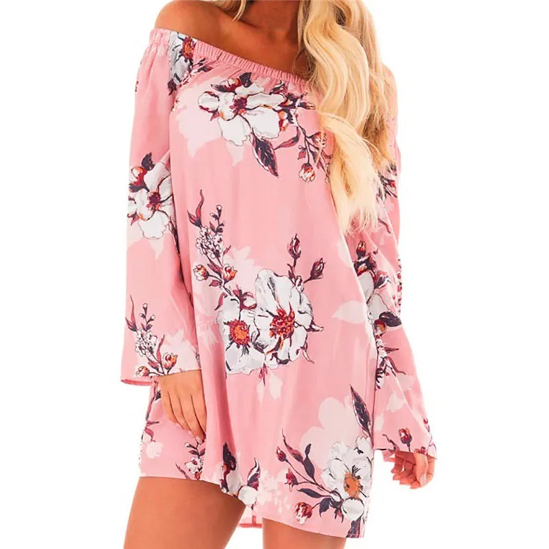 

Women Off Shoulder Floral Print Bandage Backless Loose Casual Light Dress@GA