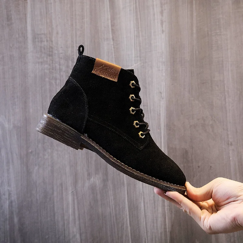 

Fashion Flock Leisure Motorcycle Boots Women Round Toe Med Hoof Heels Lace up Martin Boots Ankle Platform Punk Ladies Shoes