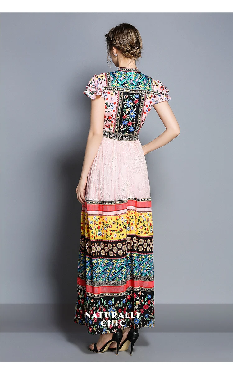 Летнее женское кружевное длинное платье с цветочным принтом, с коротким рукавом и круглым вырезом, женские платья в стиле бохо, большие качели, праздничные платья макси