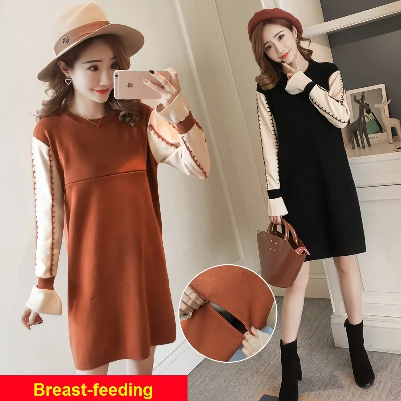 

2018 Autumn Fashion Maternity Nursing Dress Comfortable Knitted Breastfeeding Clothes for Pregnant Women Winter Office Pregnancy