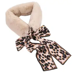 Искусственный мех кролика с леопардовым принтом атласная завязка ремень женский зимний короткий шарф
