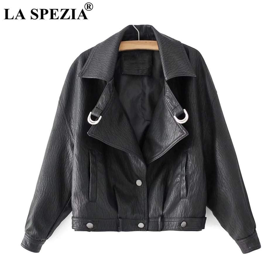 LA SPEZIA Red Coat Women Faux Leather Short Jacket Female Button Loose Pockets Biker Motorcycle Rock Autumn Winter Clothes Beige