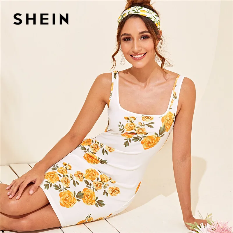 

SHEIN Floral Print Square Neck Bodycon Sundess Women Clothes 2019 Casual Sleeveless Slim Tank Summer Dress Ladies Mini Dresses