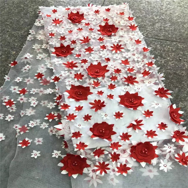 

New style nigerian lace fabrics wine french tulle 2018 african lace fabric with Beads and 3d flowers for wedding dress