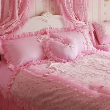 

WINLIFE Korean Style Pink Bedding Set,Lace Ruffle Bet Sheets Set,Rustic Comforter Set,Twin Queen King Size (Twin)
