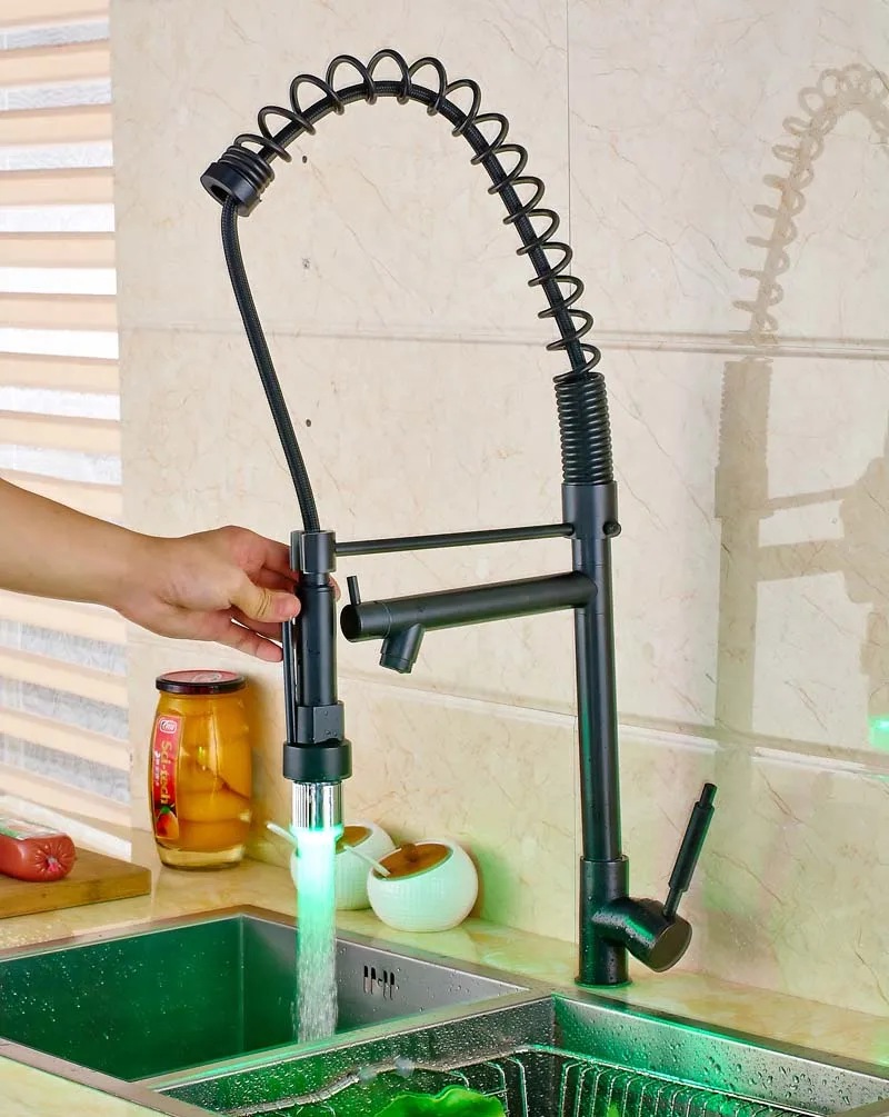 

Luxury Oil Rubbed Bronze Deck Mounted Kitchen Sink Faucet LED Swivel Spout Pull Out Spring Mixer Tap