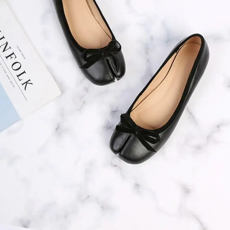 chocolat Luxe En Orteil Zapatos Chic Appartements Bowtie Souple Caoutchouc Cuir Chaussures Divisé Talons Noir Femmes Brun Sur Plates Confortables Glissement Noir 6yYgfb7