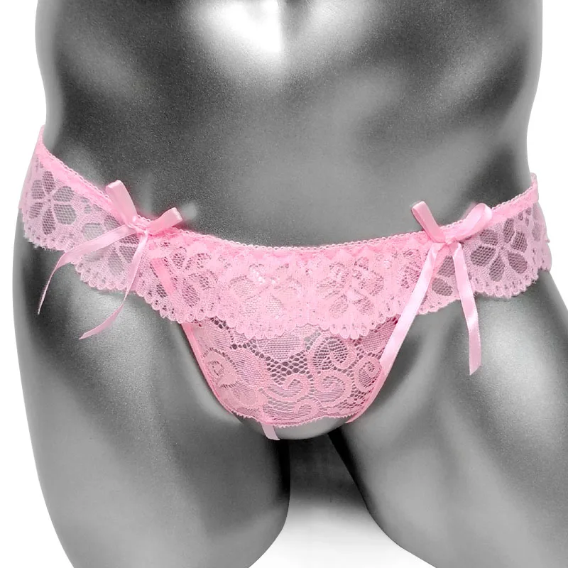 

Lace Ruffles Sissy Panties Thong Sexy Open Crotch Lingerie With bow See through Mens G string Underwear Novelty Wetlook Panties