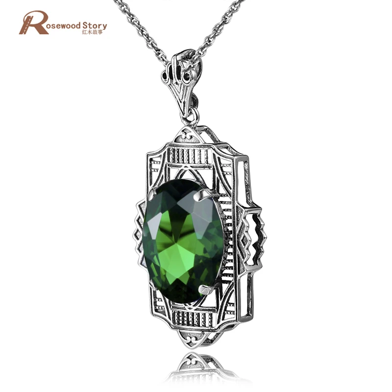 

Real 925 Sterling Silver Necklaces Pendant Green Rhinestone Crystal Fashion Sterling-Silver-Jewelry Statement Necklace For Women