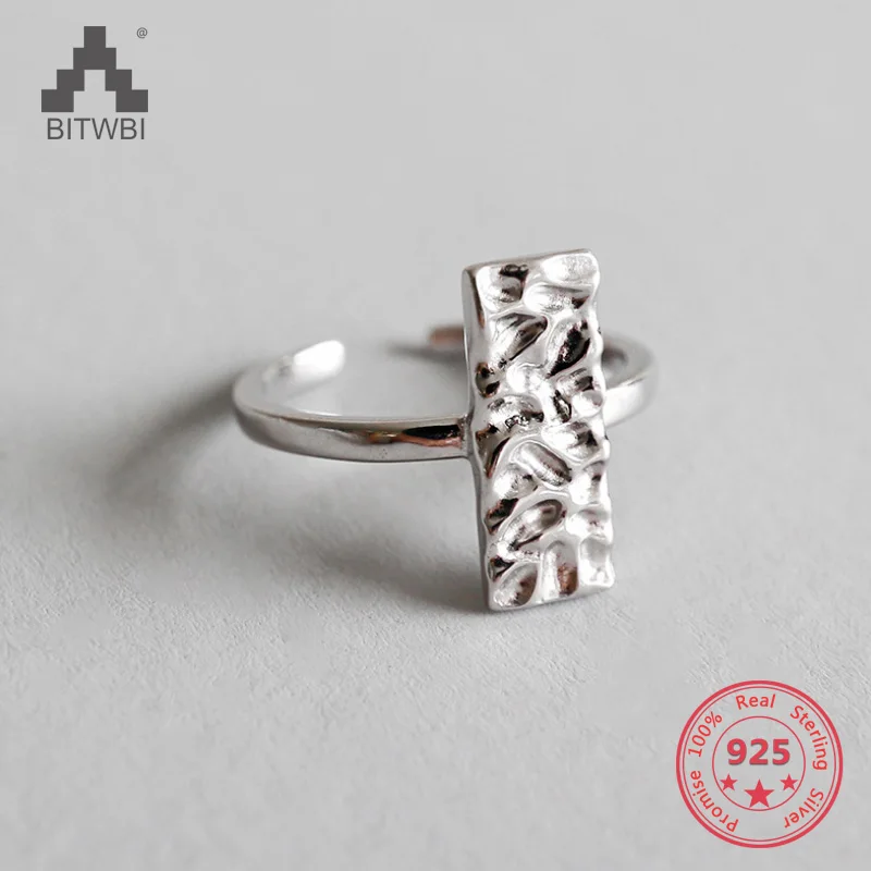 

Authentic 925 Sterling Silver Rings for Women Irregular Rectangle Open Cuff Adjustable Finger Ring Fine Jewelry