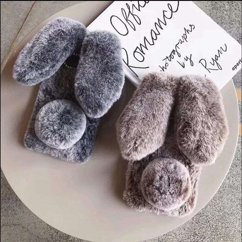 

Bunny Ears Fur Plush Phone Case For Samsung S10 Plus A750 Huawei P30 Pro Rabbit Fluff Cover For iPhone 7 8 6 6s Plus X XR XS Max