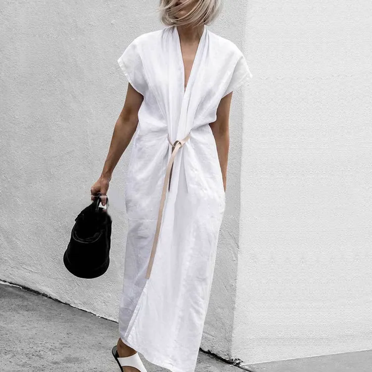 

Women White Cotton Linen Dress Long Bandage Casual Dress Summer V Neck Split Solid Dress