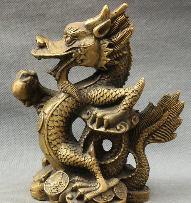 

R0720 Details about 8.6 Folk Chinese Bronze FengShui Wealth Year Zodiac Dragon YuanBao Coin Statue