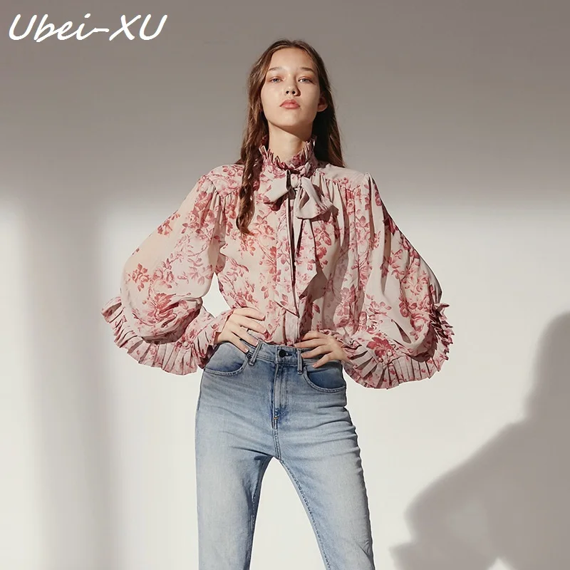 

Ubei Holiday turtleneck button ruffled wooden-ear lace sleeve printed blouse chiffion blouse women high quality