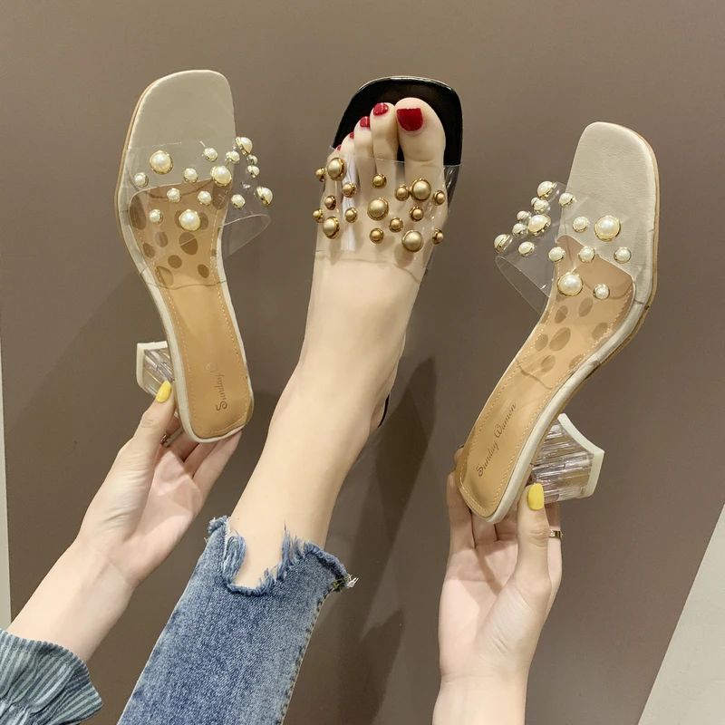 

Leather Brief Chunky Heel Slippers Clear Slides Rubber Female Summer 2019 Modis Ladies Flat Pvc Rivets Studs Babouche Allmatch