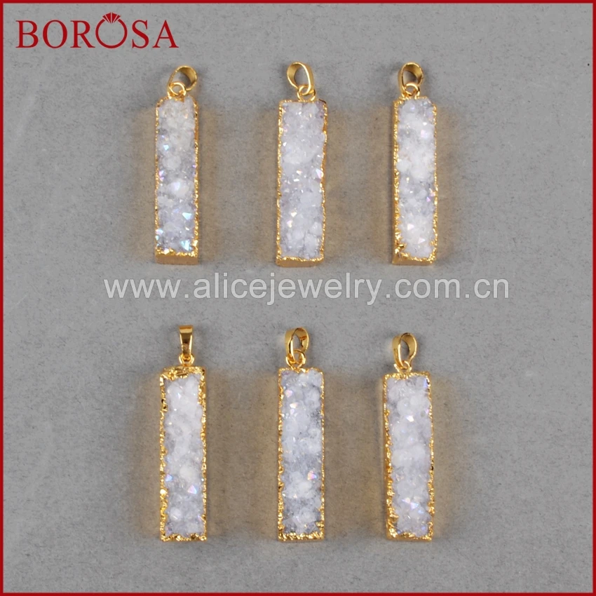 

BOROSA Rectangle Natural Stone Titanium AB Druzy Pendant Gold Bezel Stone Drusy Geode Fashion Pendant for Necklace Making G0500