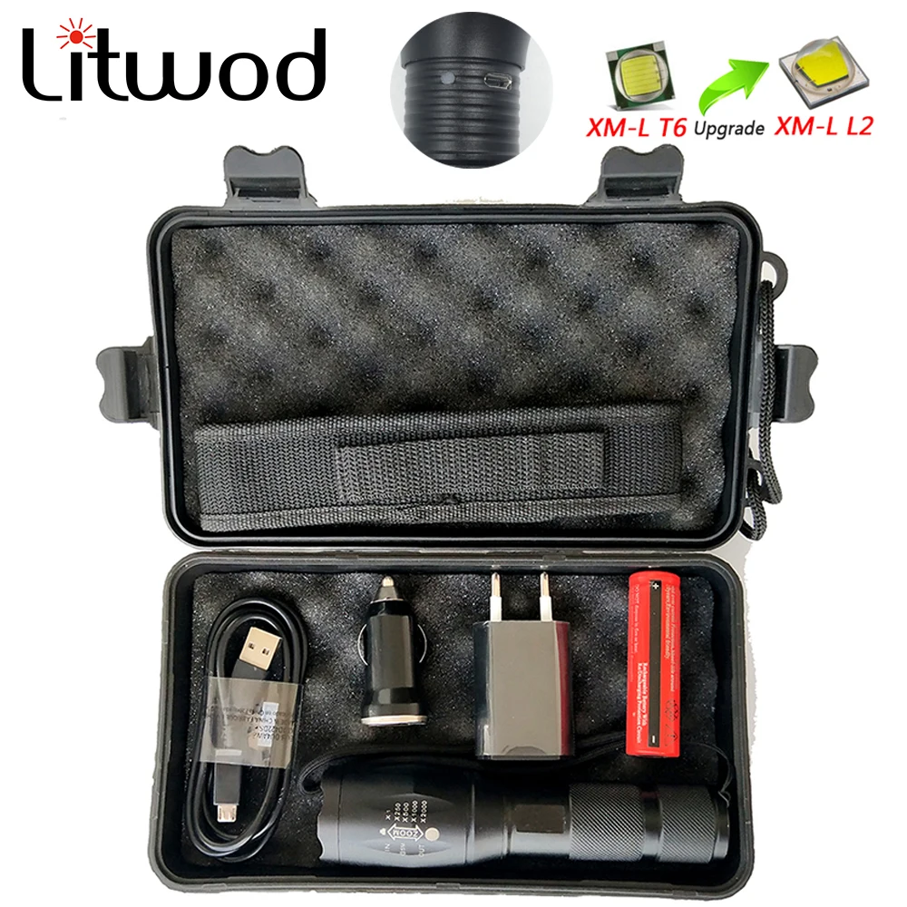 

Litwod z30 A100R CREE LED T6/ L2 5000LM Flashlight Rechargeable waterproof lantern 5 Modes Zoomable Torch With Box + Cover