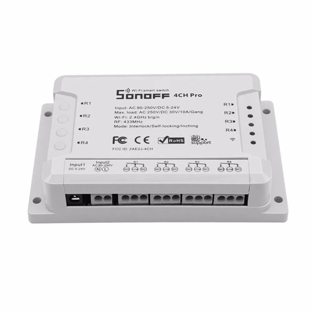 

Sonoff 4CH Pro 4 Gang WiFI Wireless Smart Switch 433MHZ Remote Control DIN Rail Mounted Switch With Timing Function