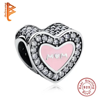 

BELAWANG 925 Sterling Silver Charm Pink Enamel MOM Love Heart Beads Fit Original Charm Bracelet Authentic Jewelry Gift