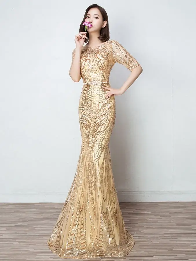 Vestido para festa de casamento2019 новинка из кружева, с вырезом на шее, с блестками, Сексуальная Русалка, золотой, красный, фиолетовое платье для невесты, длинное sukienka plus - Цвет: Золотой