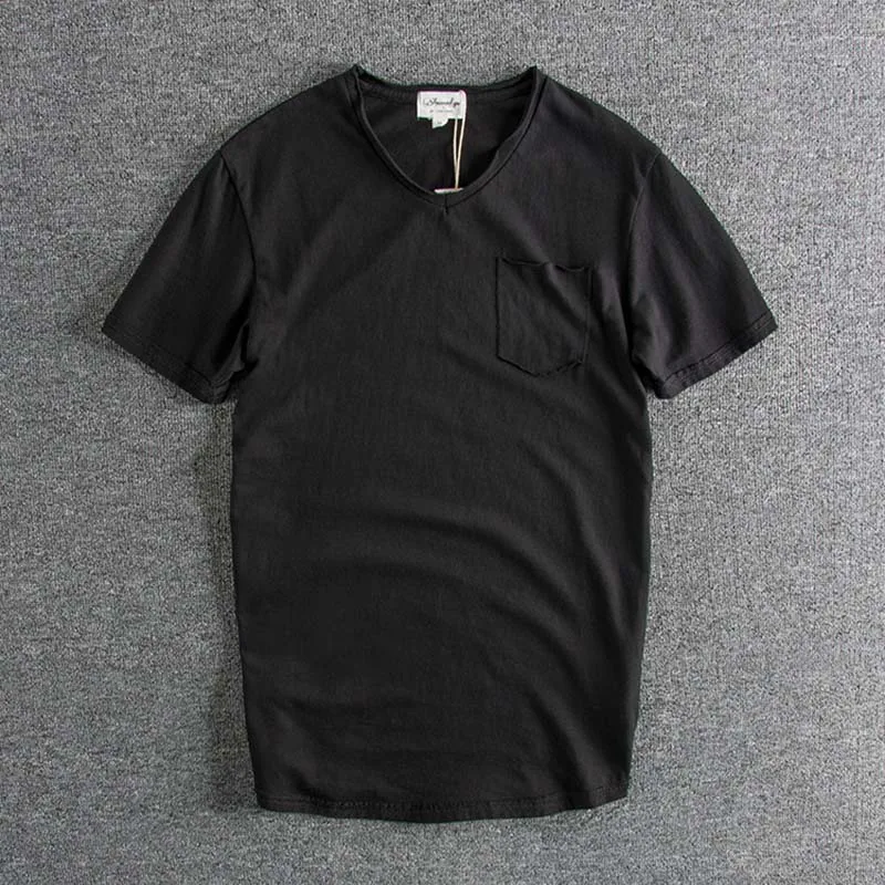 

Summer new V-necklace cotton men's medium-length short-sleeved T-shirt plus size add XL tops T