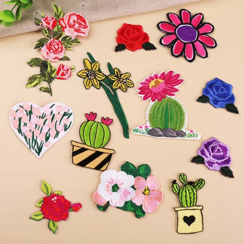 

Flower Plant Rose Embroidered patches Iron on Patches for Clothing DIY Stripes Clothes Patchwork Sticker Custom Flowers Applique