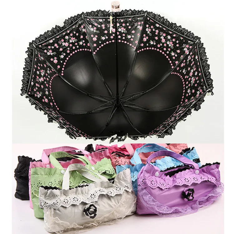 Korea Small Fresh Umbrellas Umbrella Rain Woman Folding Female Princess Sunscreen Lace Sun Umbrella UV Protection Goddess