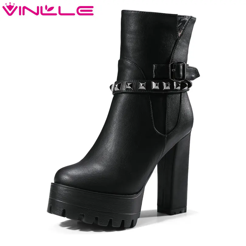 

VINLLE 2018 Women Boot Ankle Boots Autumn Square High Heel PU leather Pointed Toe Rivet Ladies Motorcycle Shoes Size 34-42