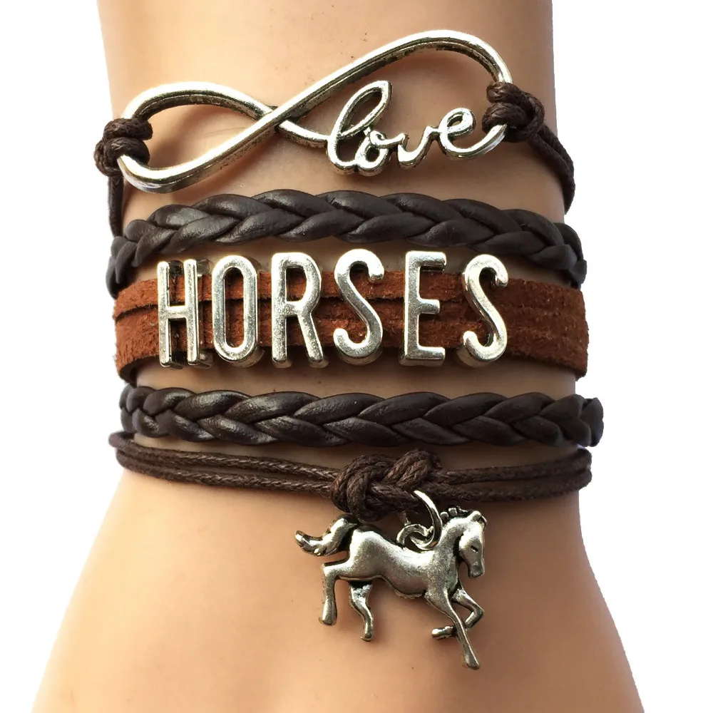 Drop Shipping Infinity Love Horses Bracelet Brown Leather Frienship