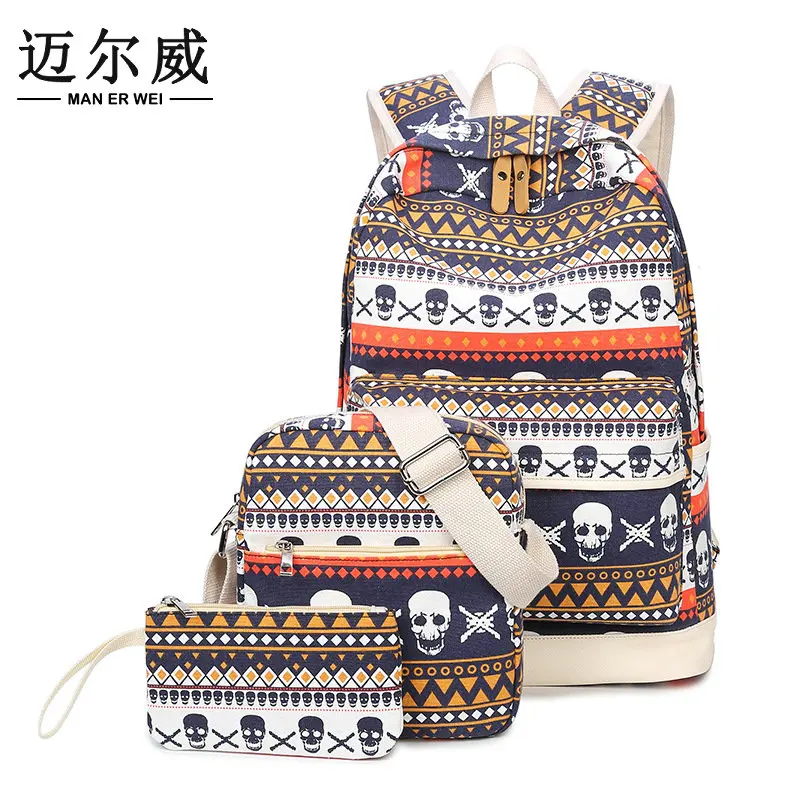 

MAN ER WEI 3 pcs/Set Women Backpack Canvas School Bags Korean Casual Travel Rucksack For Teenage Girls Preppy Skull Women Bag-FF