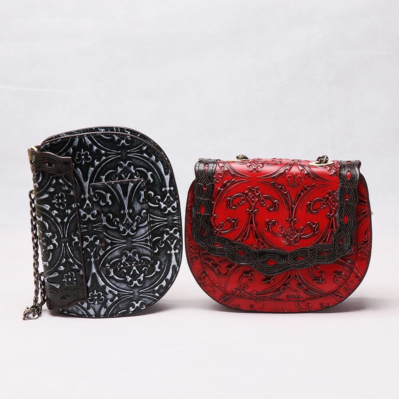 

Women genuine leather flower Embossing handbag lady vantage Jacquard black/red cowhide cow leather saddle shoulder bag
