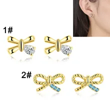 1 Par de Moda Brincos Do Parafuso Prisioneiro Mulheres Imitação Bowknot Embutimento Zircão Senhoras Brinco Delicado Jóias Acessó @ M23