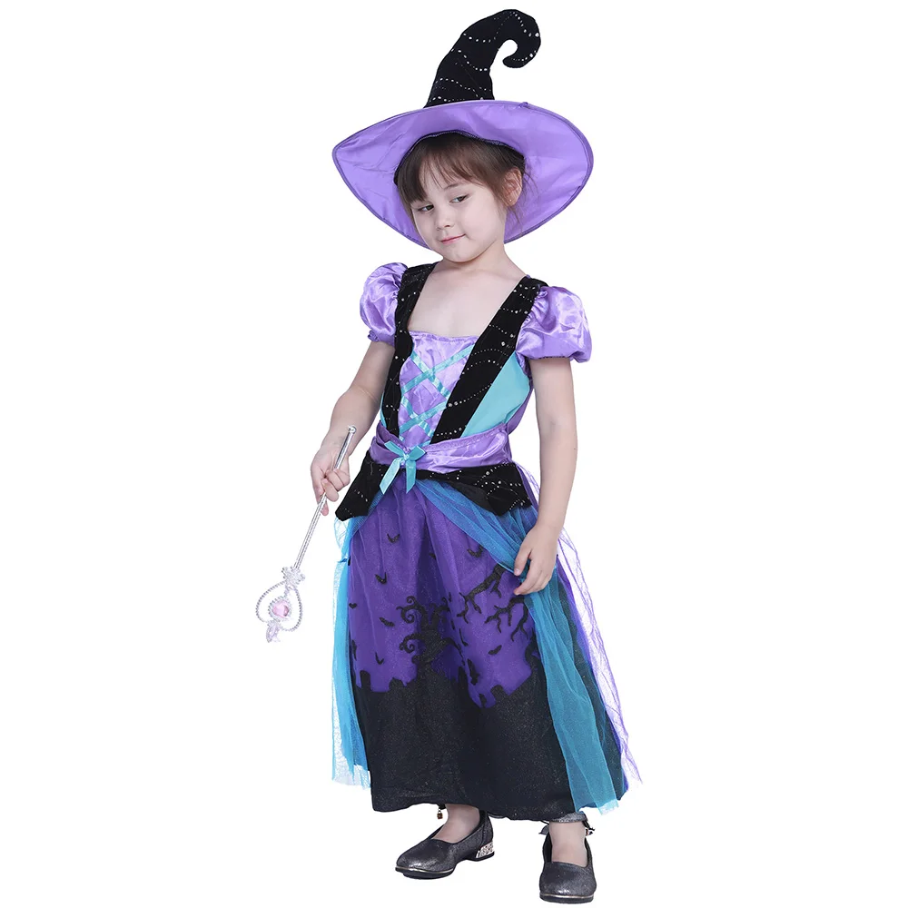 Eraspooky/костюм на Хэллоуин для девочек, костюм ведьмы Детский костюм для девочек, платье и шляпа, комплект для детей 5-12 лет - Цвет: Лаванда