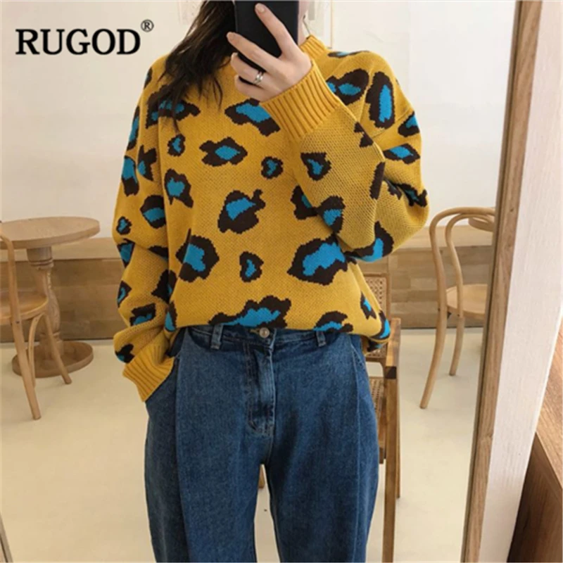 

RUGOD Women Multicolor Elegant Leopard Print Sweater 2019 O-Neck Office Lady Jumper New Autumn Women Campus Highstreet Pullovers