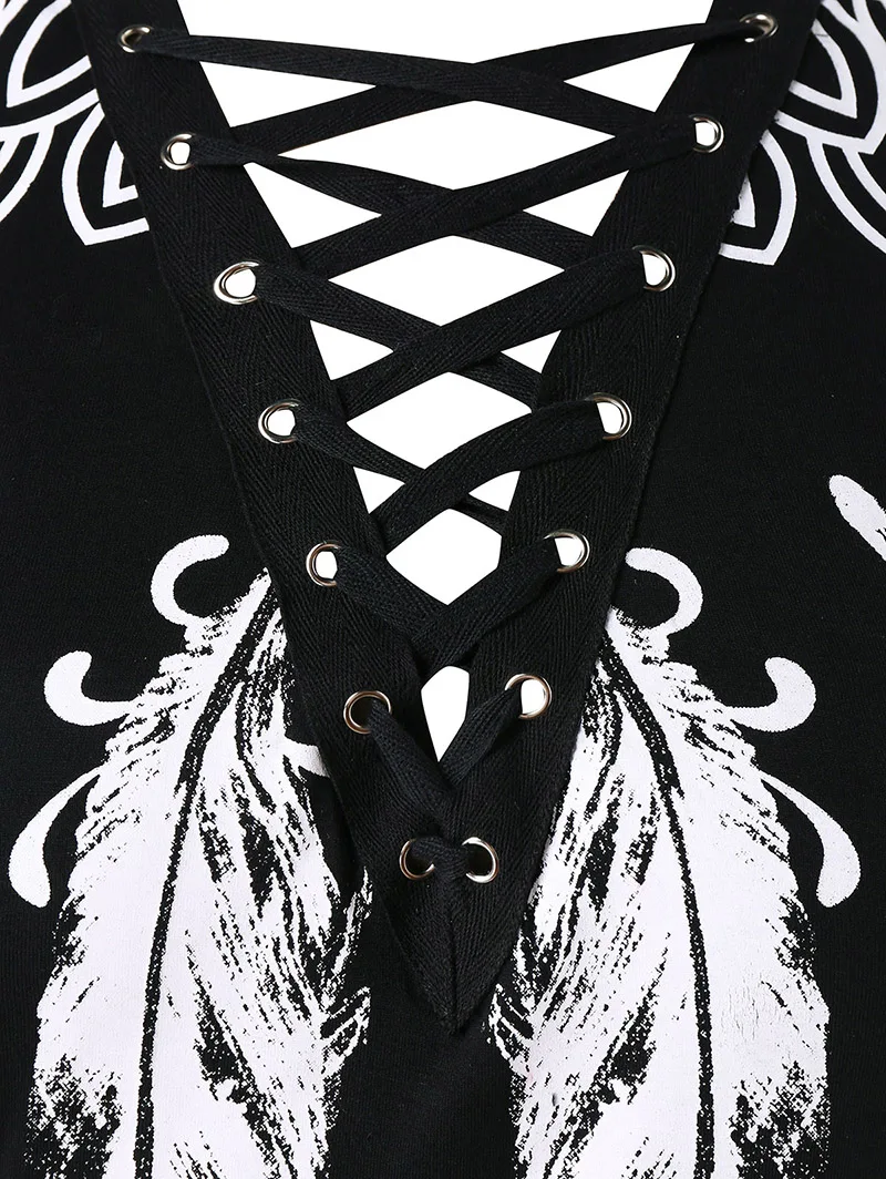 PlusMiss Plus Size 5XL 4XL Black Cold Shoulder Lace Up Tunic Tops Tee Punk Rock Feather Print T-shirt Women Big Size T Shirts PlusMiss Plus Size 5XL 4XL Black Cold Shoulder Lace Up Tunic Tops Tee Punk Rock Feather Print T-shirt Women Big Size T Shirts