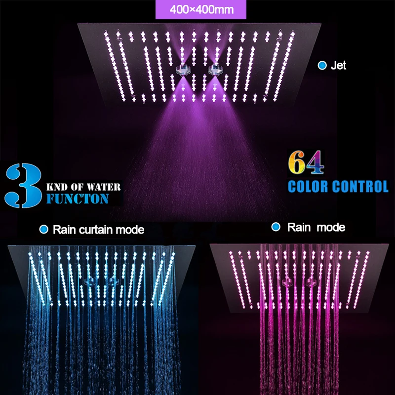 LED Ceiling Shower Set 16 Inch  Mist Rainfall Bathroom Shower Head 5 Functions Shower Diverter Controller Thermostatic Faucets