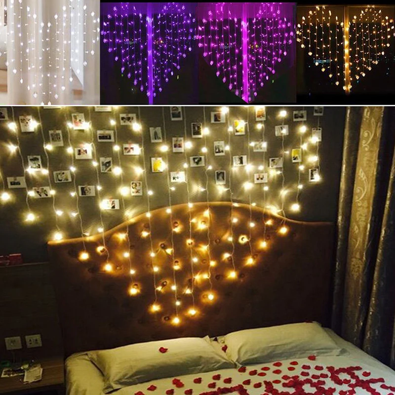Heart-shaped LED fairy string curtain Light 2M*1.5M 124 Leds Valentine Xmas Christmas Wedding party window garland decor