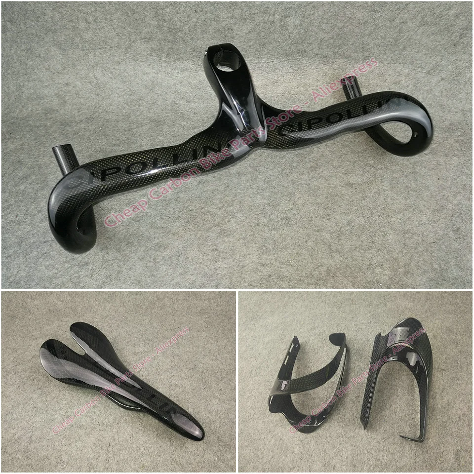 

Packaged for sale full carbon fiber with 3K Glossy finish Cipollini carbon bicycle Handlebar+Saddle+Water bottle cages Holders