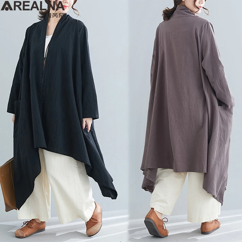 

Korean style women casual loose irregular trench spring summer vintage Cotton linen long elegant coats ladies Overcoat Outerwear