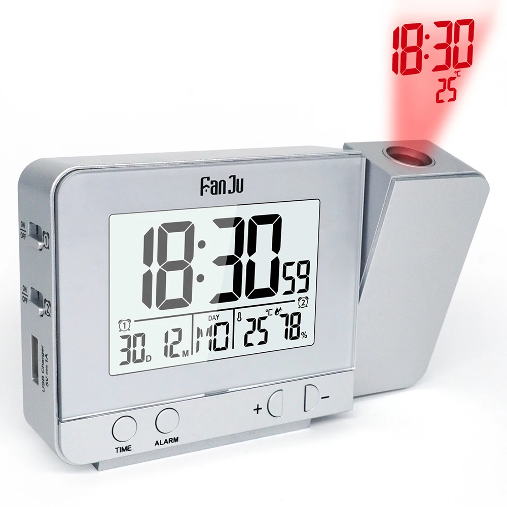 FJ3531 проекционный будильник цифровые часы с функцией повтора даты подсветка проектор стол настольные светодиодные часы с проекцией времени - Цвет: Серебристый