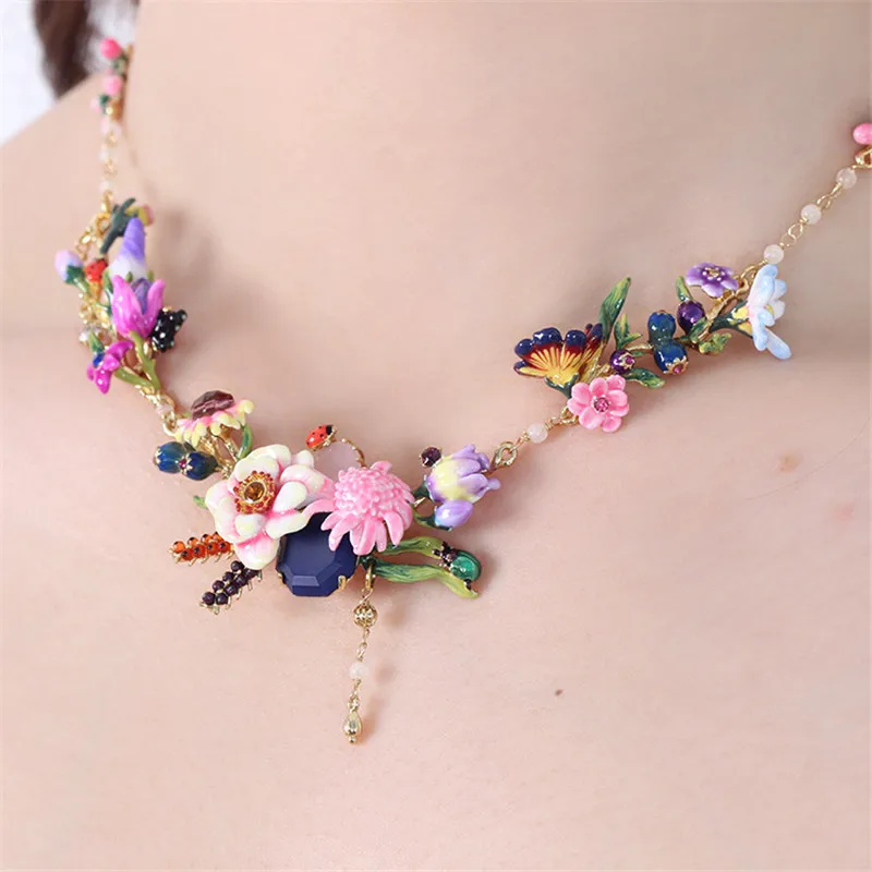 

Dyxytwe Enamel Glaze Copper Fashion Trendy Various Flower Gem Women Necklace
