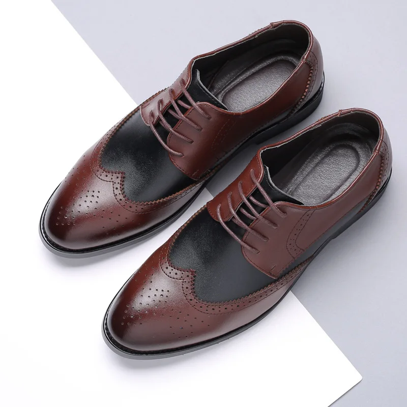 British Style Men's Trend Pointed Toe Brogues Shoes Men Wedding Leather Dress Shoes Black With White Formal Men