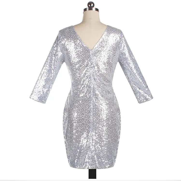 Dunayskiy Women Spring Sexy Slim 8 Colors Sequined O-Neck Dresses Female Backless Three Quarter Sleeve Shiny Mini Party Dresses