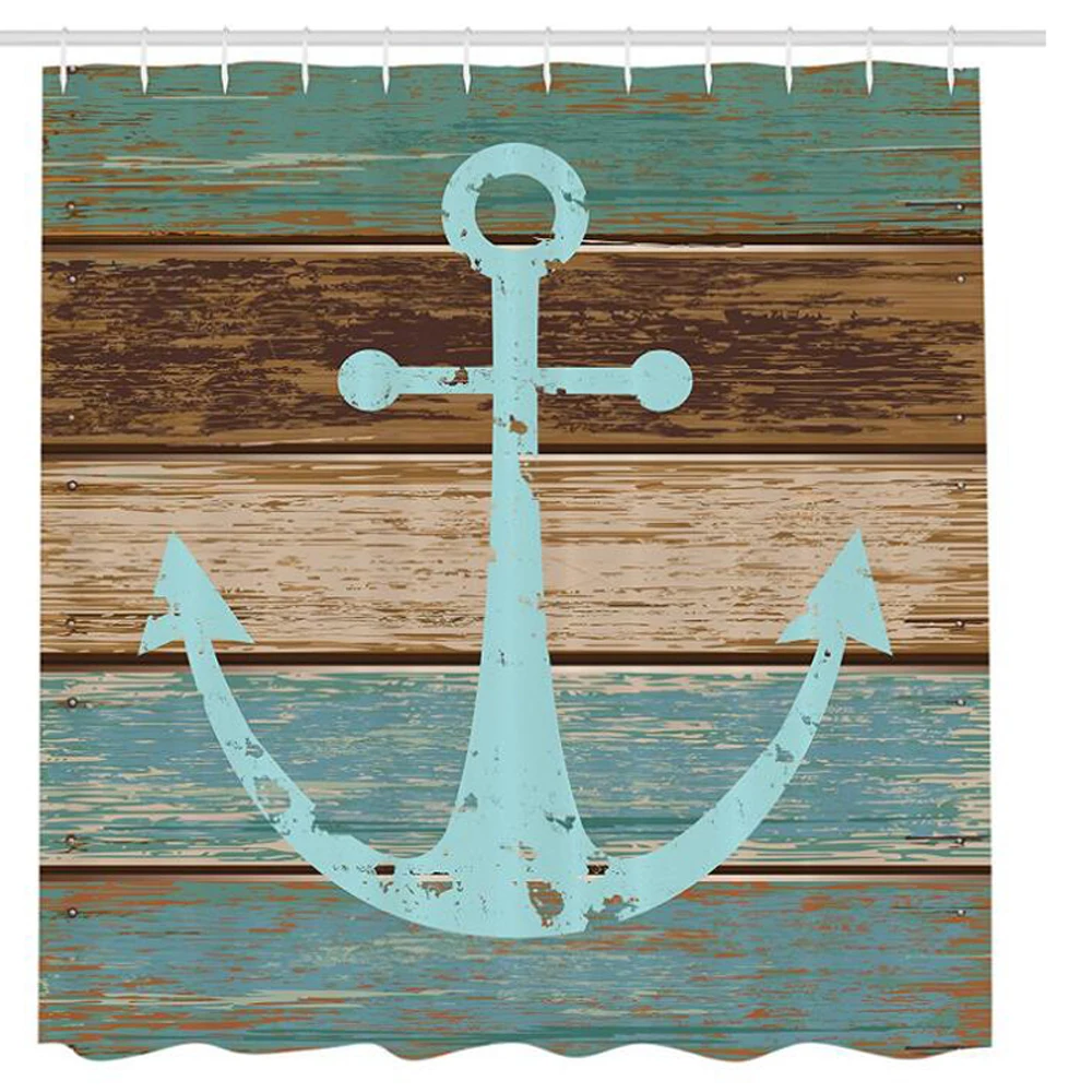 Anchor Decor Shower Curtain, Boat Anchor Nautical Rustic Wooden Planks