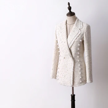 

Luxury Pearls Beading Woman Blazer Coats Elegant V Neck Office Lady Long Sleeve Slim Woolen Coat High Quality outfits